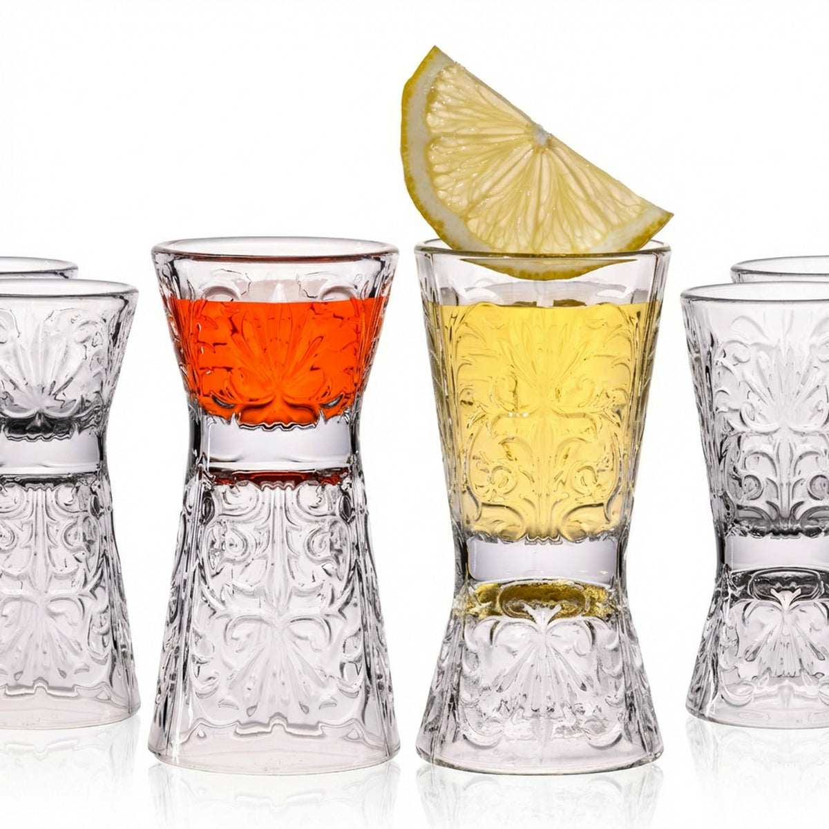 IMPERIAL glass Shotgläser zestaw 6 szklanek z kryształowego szkła - odwracalne kieliszki do shota 30ml/60ml, kieliszki do shota Tiki z reliefem, kieliszki do wódki nadające się do mycia w zmywarce