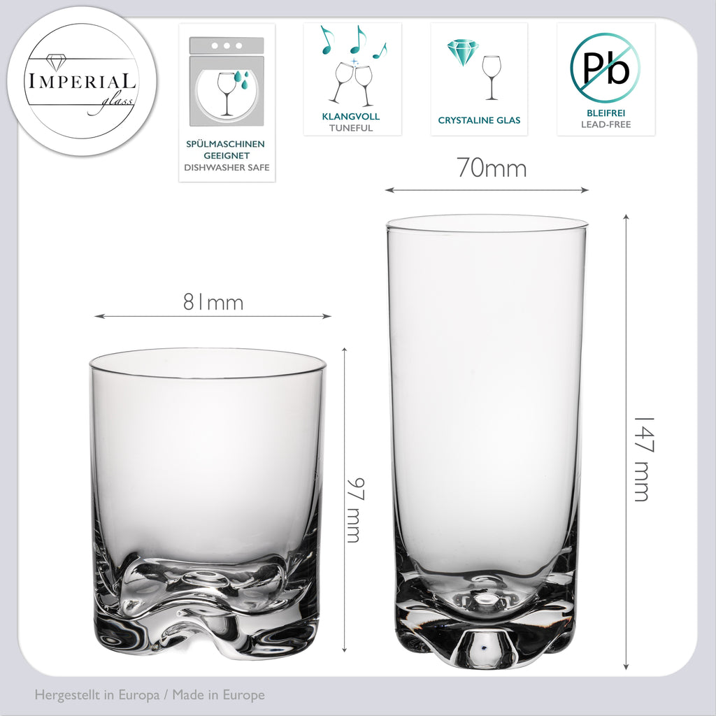 IMPERIAL glass Zestaw 12 szklanek o pojemności 400 ml i 370 ml - Szklanki do wody i soków z krystalicznego szkła, można myć w zmywarce - Zestaw szklanek z formowanym dnem