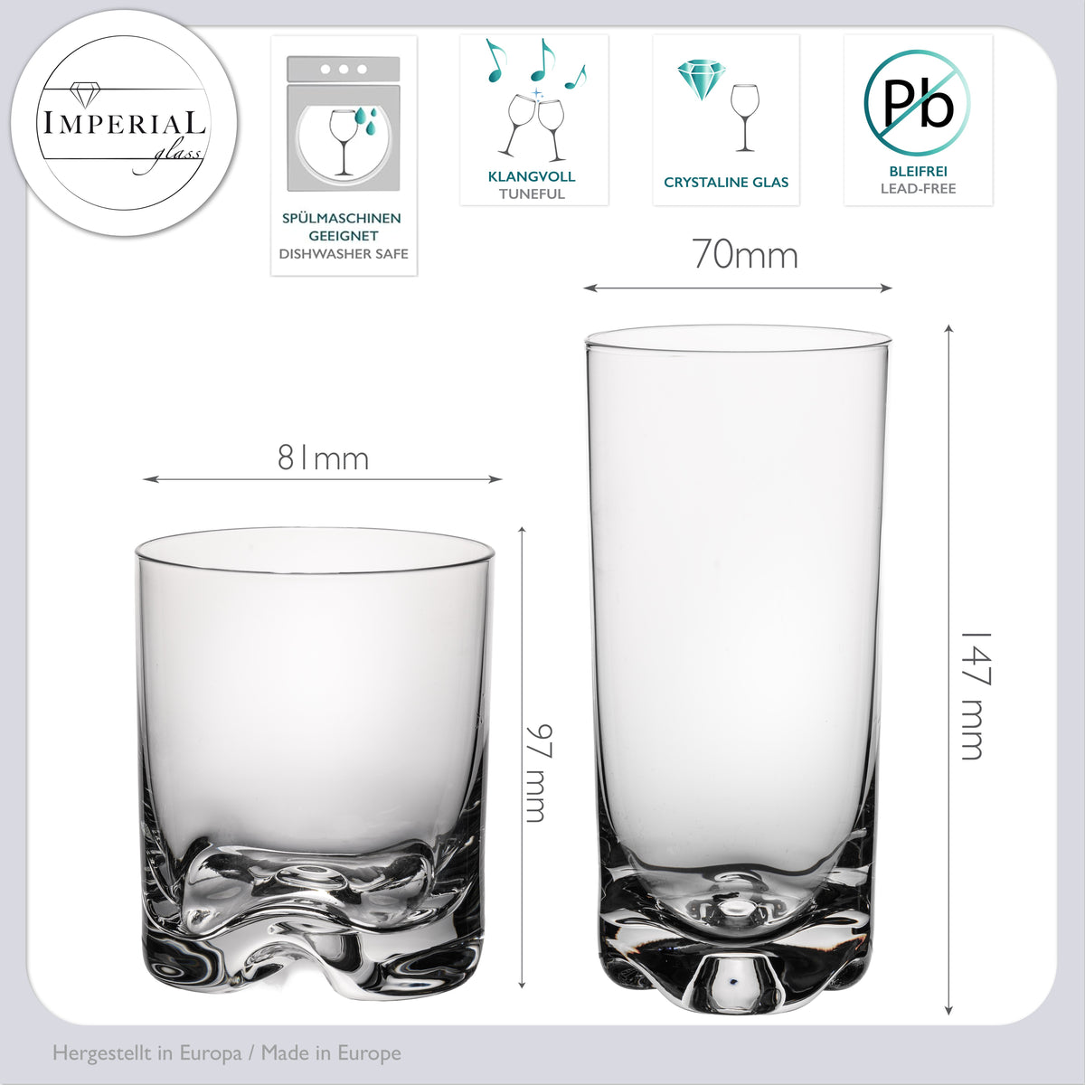 IMPERIAL glass Zestaw 12 szklanek o pojemności 400 ml i 370 ml - Szklanki do wody i soków z krystalicznego szkła, można myć w zmywarce - Zestaw szklanek z formowanym dnem