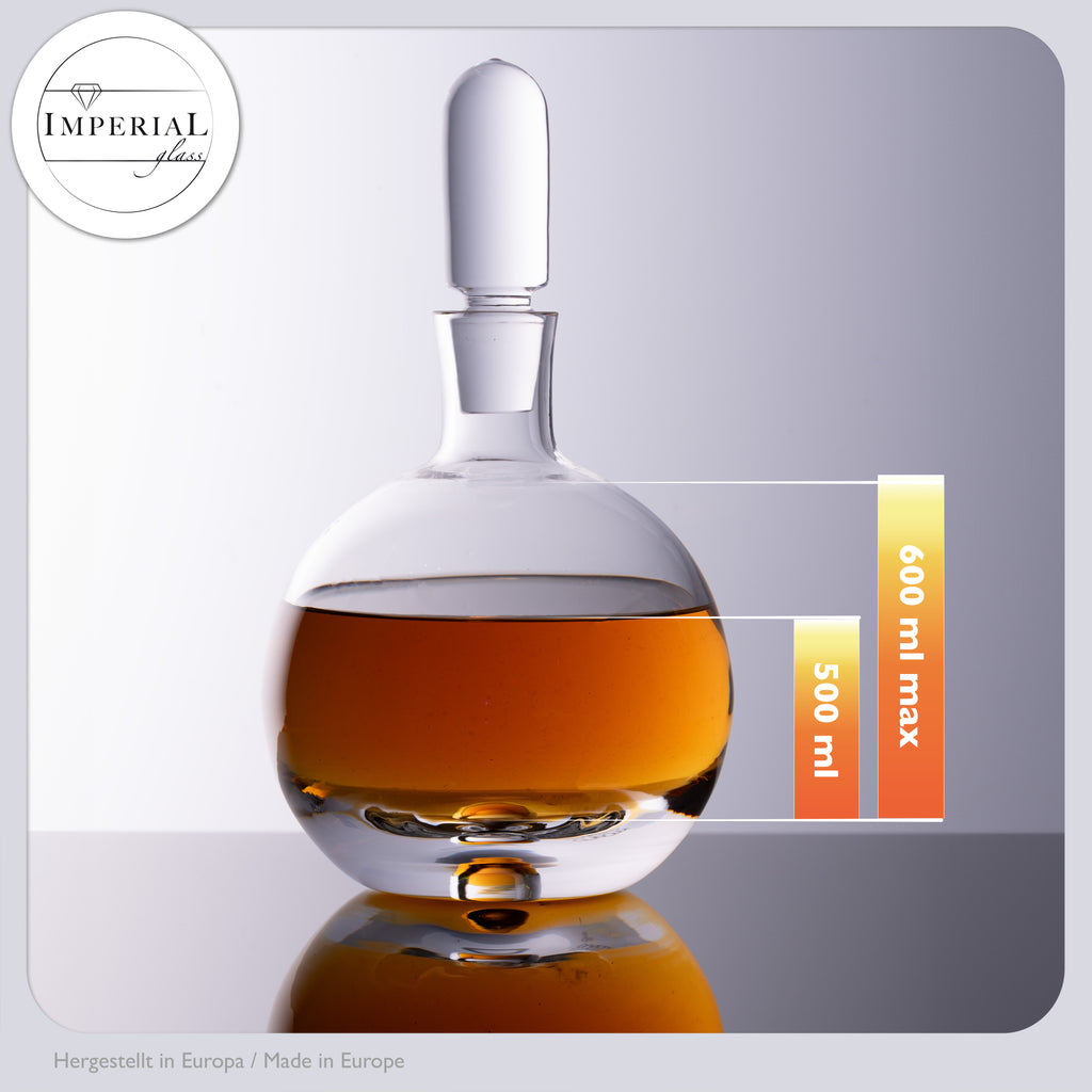 Karafka na koniak IMPERIAL ze szkła krystalicznego z korkiem szklanym i pęcherzykiem powietrza w dnie, 600 ml, ręcznie robiona