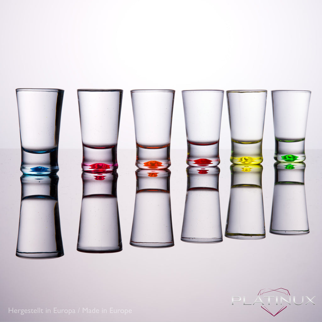 PLATINUX Zestaw 12 kolorowych kieliszków do shotów 2,5cl kieliszki do tequili, kieliszki do wódki, małe kieliszki