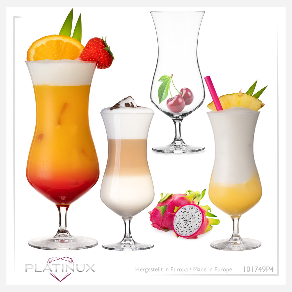 PLATINUX Duże szklanki koktajlowe ze szkła krystalicznego 400 ml, zestaw 4 szklanek do long drinków, szklanki do mrożonej kawy, szklanki typu Hurricane na koktajle
