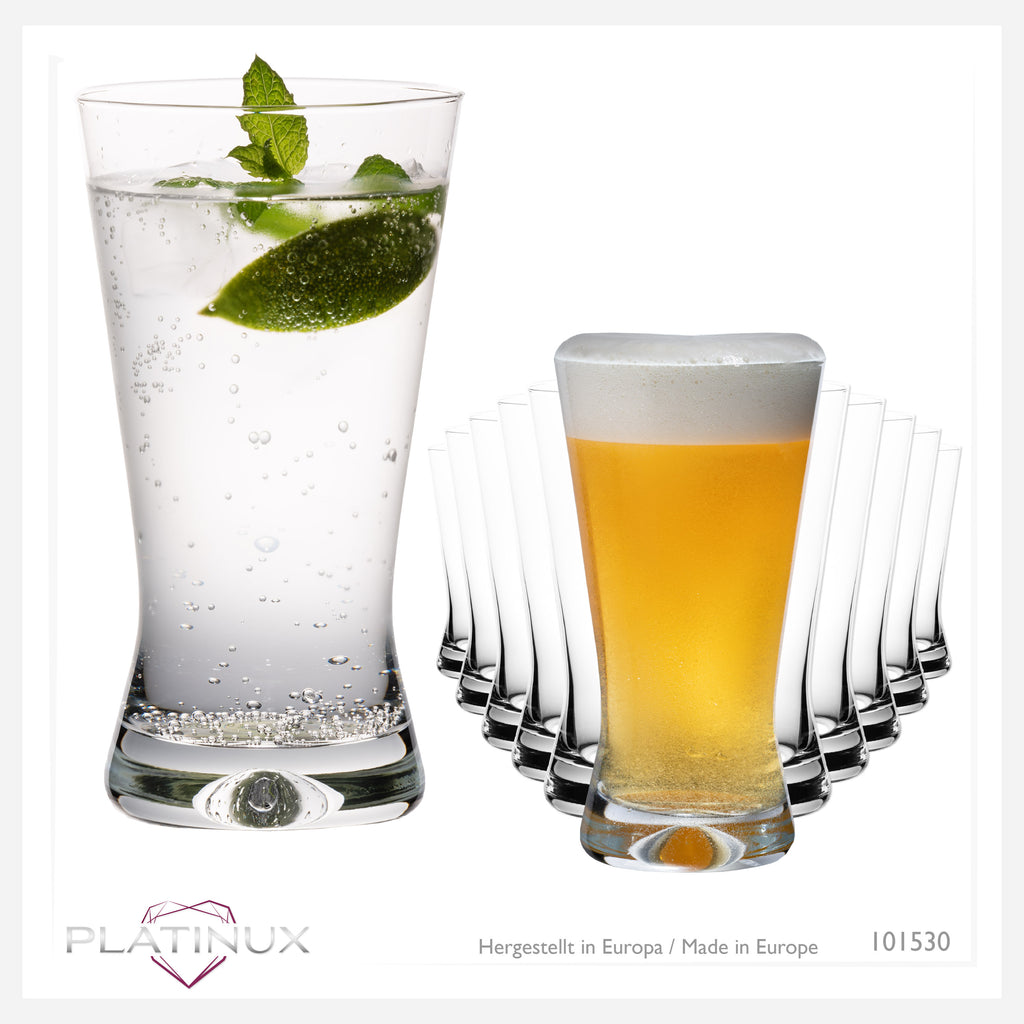 PLATINUX Szklanki do picia 300ml Szklanki do piwa Kształt X Zestaw 12-częściowy ze szkła Seria "CrossLine" Można myć w zmywarce
