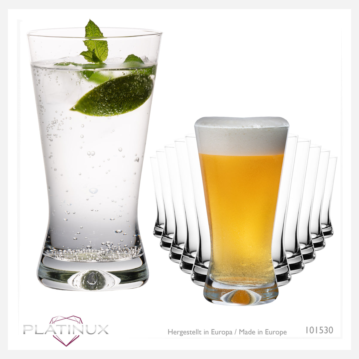 PLATINUX Szklanki do picia 300ml Szklanki do piwa Kształt X Zestaw 12-częściowy ze szkła Seria "CrossLine" Można myć w zmywarce