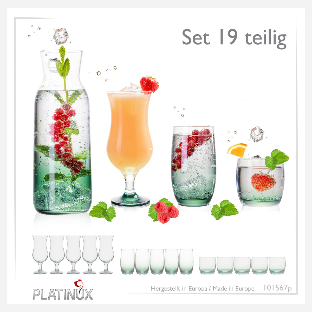 PLATINUX Zestaw Szklanek i Karafka ze Szklanym Efektem Ombre w Kolorze Zielonym, 19 elementów