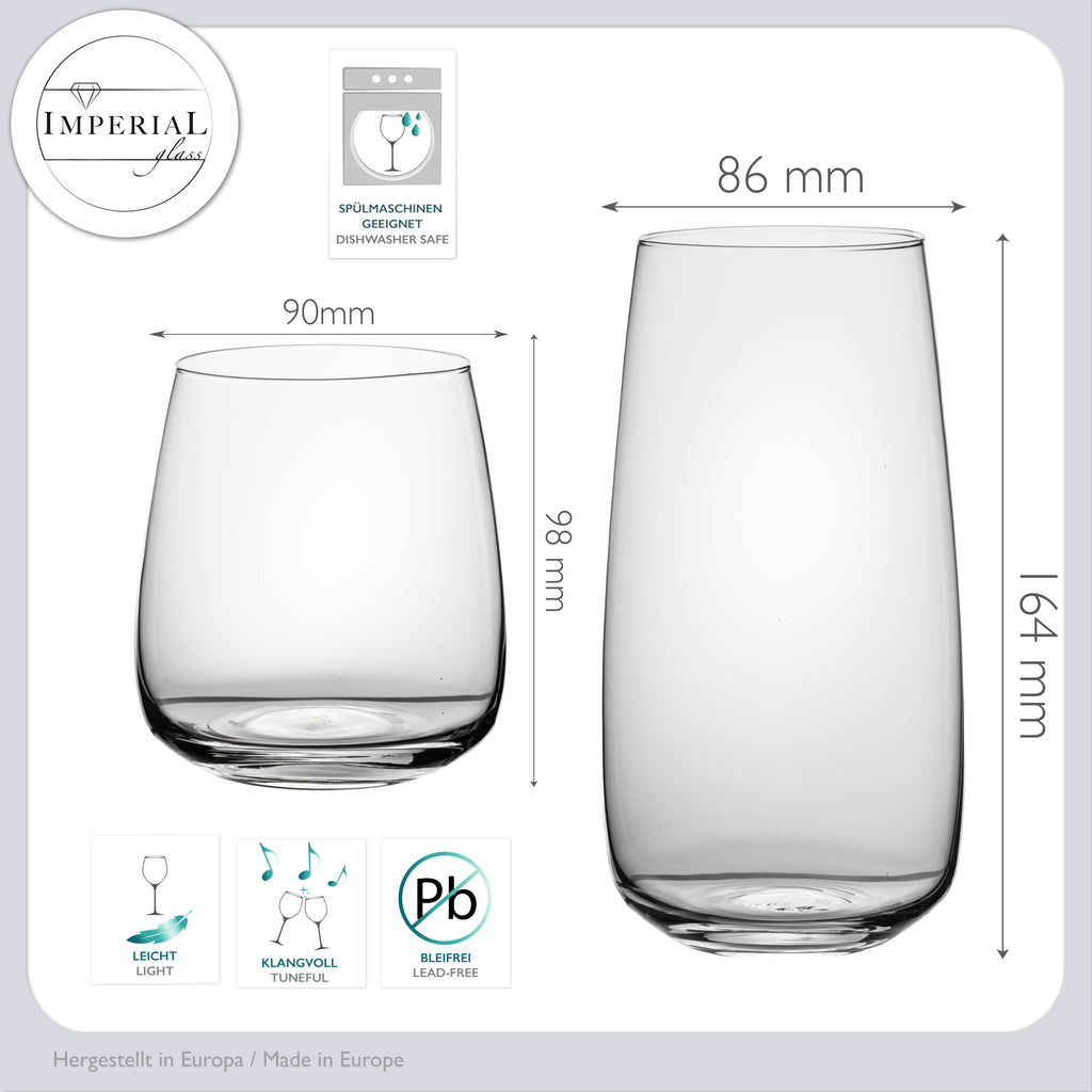 IMPERIAL Glass kwadratowe szklanki do picia zestaw 12 sztuk, szklanki do wody i soku 730 ml i 470 ml ze szkła z serii "Milano" nadające się do mycia w zmywarce