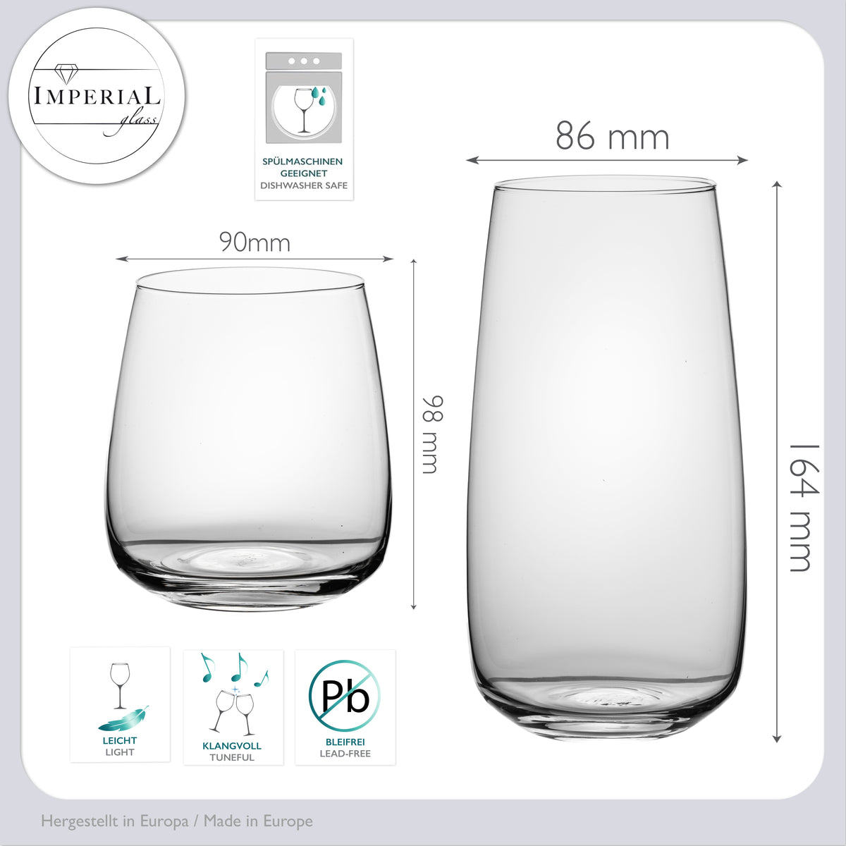 IMPERIAL Glass kwadratowe szklanki do picia zestaw 12 sztuk, szklanki do wody i soku 730 ml i 470 ml ze szkła z serii "Milano" nadające się do mycia w zmywarce