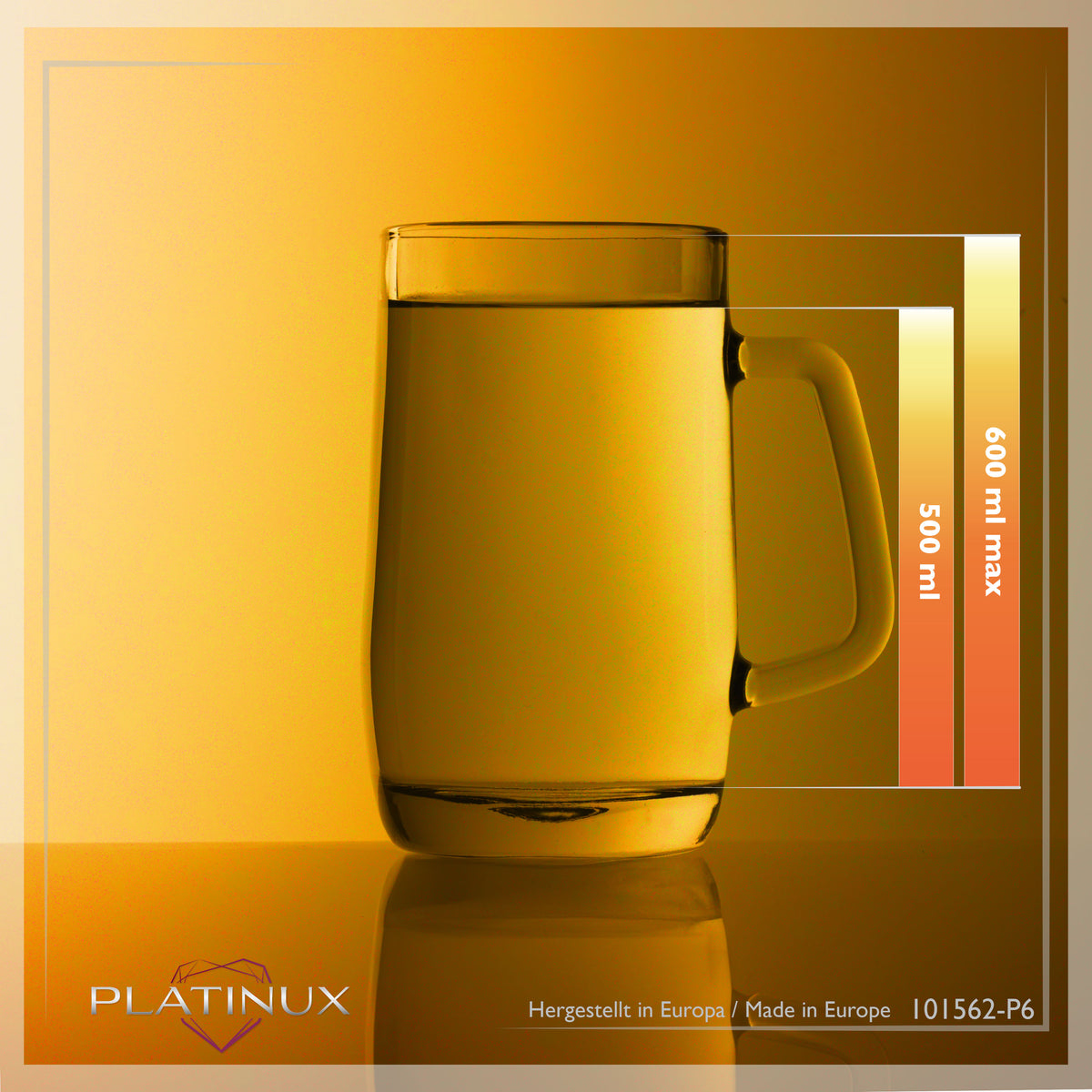 PLATINUX kufel do piwa z uchem, zestaw 6-częściowy, 500 ml (maks. 580 ml), szklany