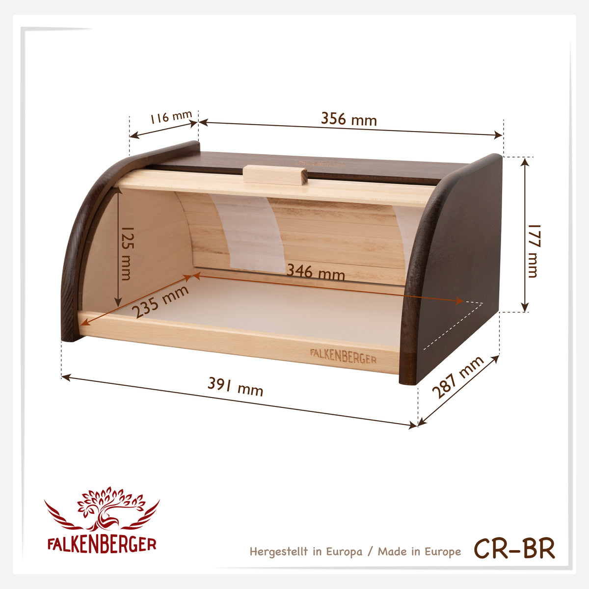 FALKENBERGER Chlebak drewniany brązowy ok. 39x29x18cm Pojemnik na pieczywo z rolowaną pokrywą, ręcznie wykonany