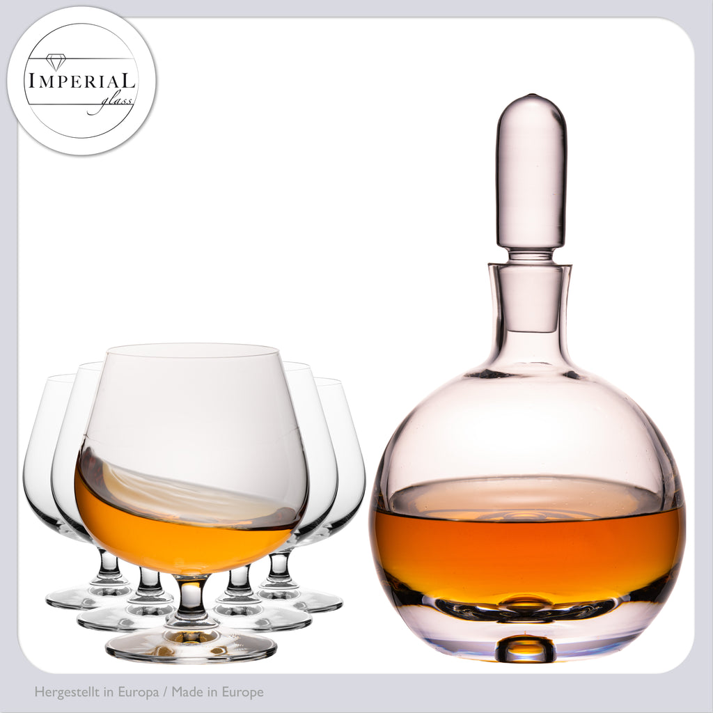 IMPERIAL Karafka do koniaku ze szklanym korkiem i 6 kieliszkami do koniaku z ręcznie robionego szkła krystalicznego