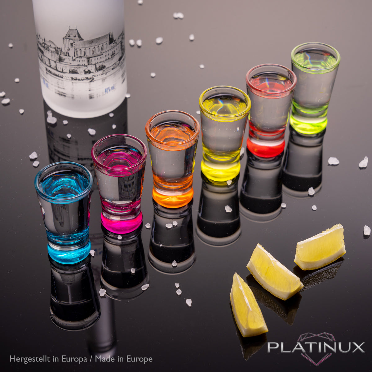 PLATINUX Zestaw 12 kolorowych kieliszków do shotów 2,5cl kieliszki do tequili, kieliszki do wódki, małe kieliszki