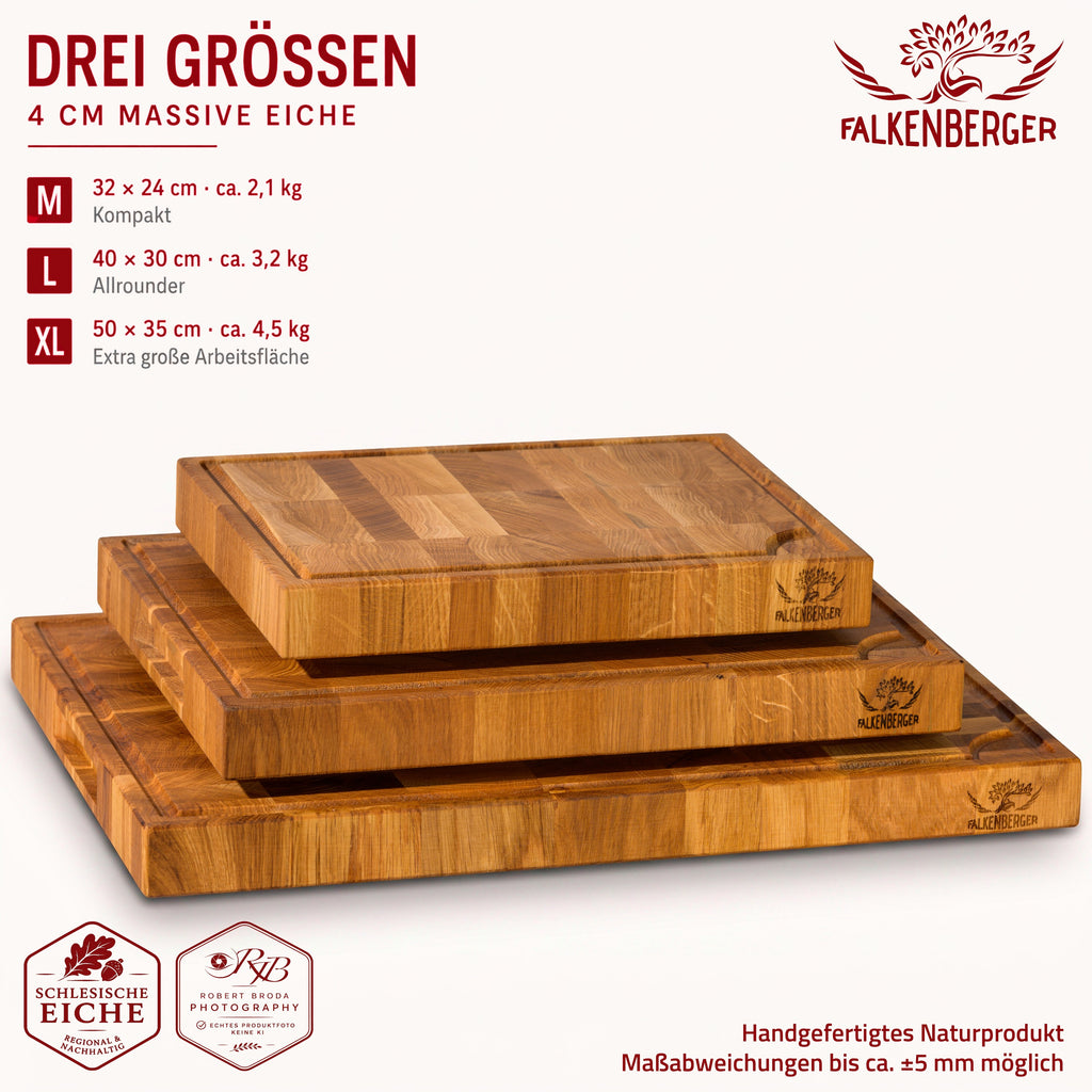 FALKENBERGER Stirnholz Schneidebrett aus massiver Eiche 32 × 24 × 4 cm M Handgefertigt