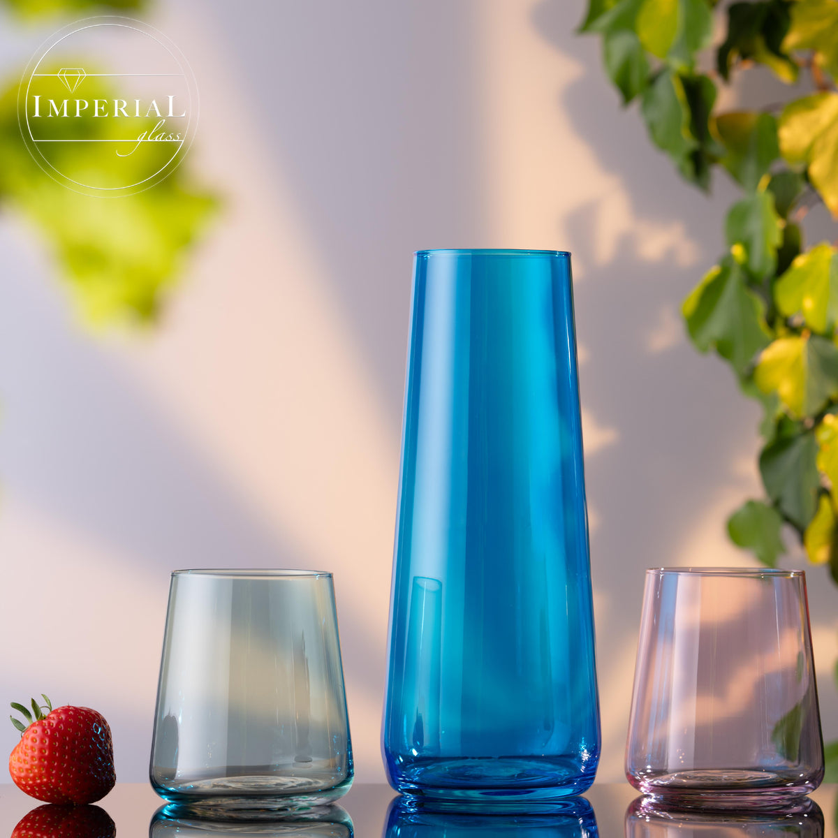 IMPERIAL glass Blaue Wasserkaraffe Set mit 4 farbigen Trinkgläsern aus Crystalline Glas 5-teilig