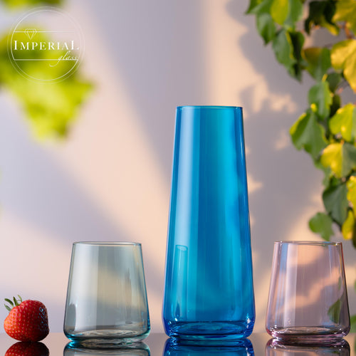 IMPERIAL glass Blaue Wasserkaraffe Set mit 4 farbigen Trinkgläsern aus Crystalline Glas 5-teilig
