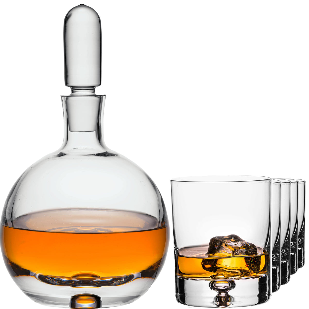 Karafka do whisky IMPERIAL ze szklanym korkiem i 6 szklankami do whisky. Ręcznie wykonany zestaw ze szkła krystalicznego z bąbelkami powietrza w dnie „Lizbona”
