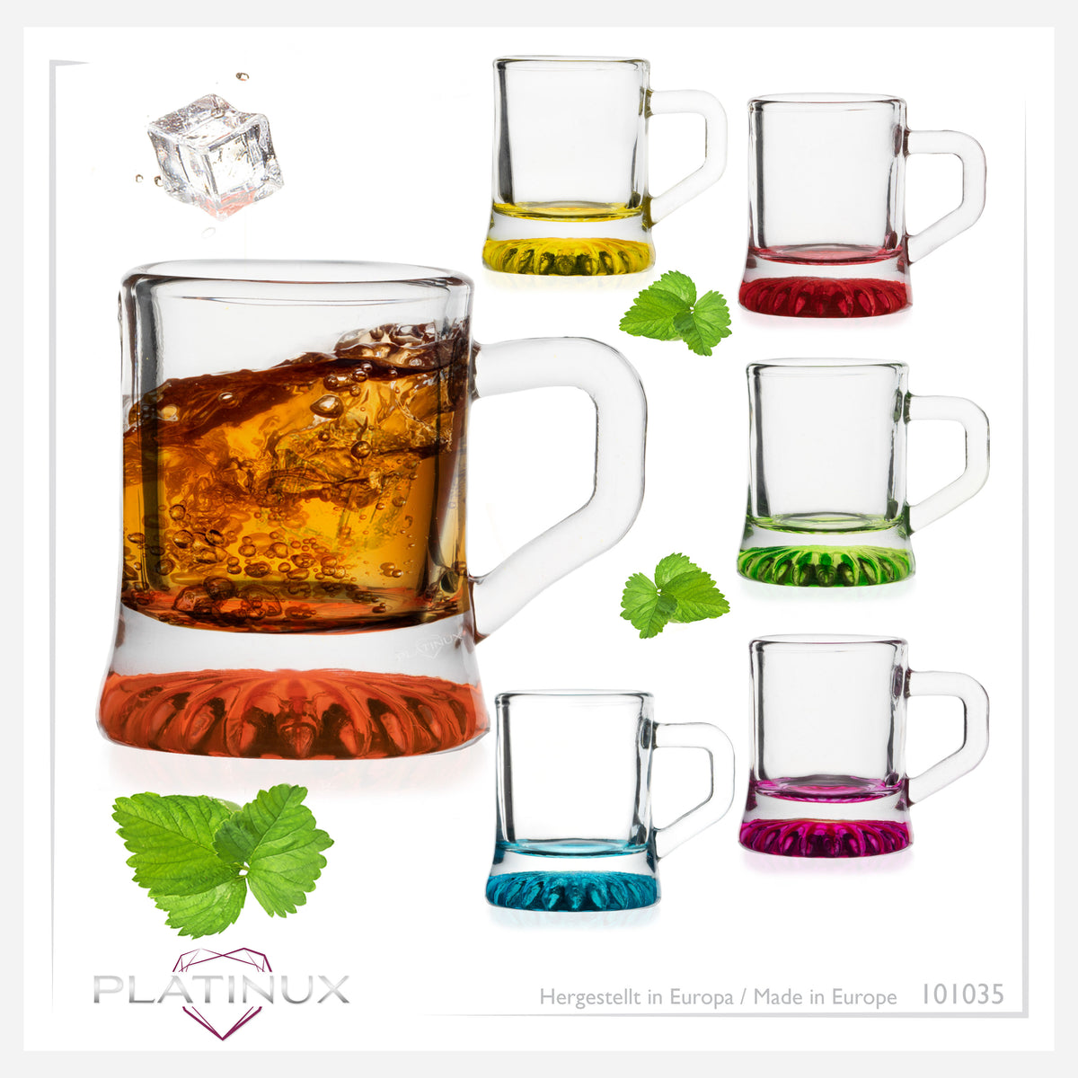 PLATINUX Kieliszki do wódki z uchem, zestaw 6 sztuk, 2 cl, kufle do wódki, kieliszki imprezowe, szklane kieliszki do wódki, mini kufle do piwa, kieliszki typu „shot”