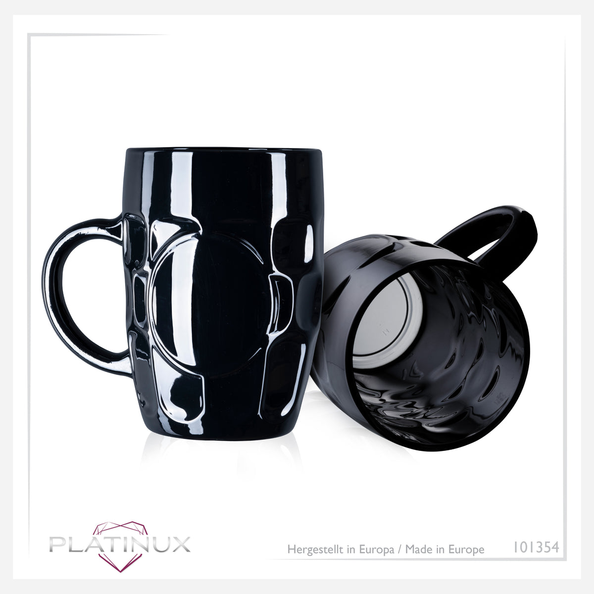 PLATINUX Czarne Szklanki do Piwa 500ml z Uchwytem Zestaw 4 Kupli Szklanych z Wzorem Ornamentowym