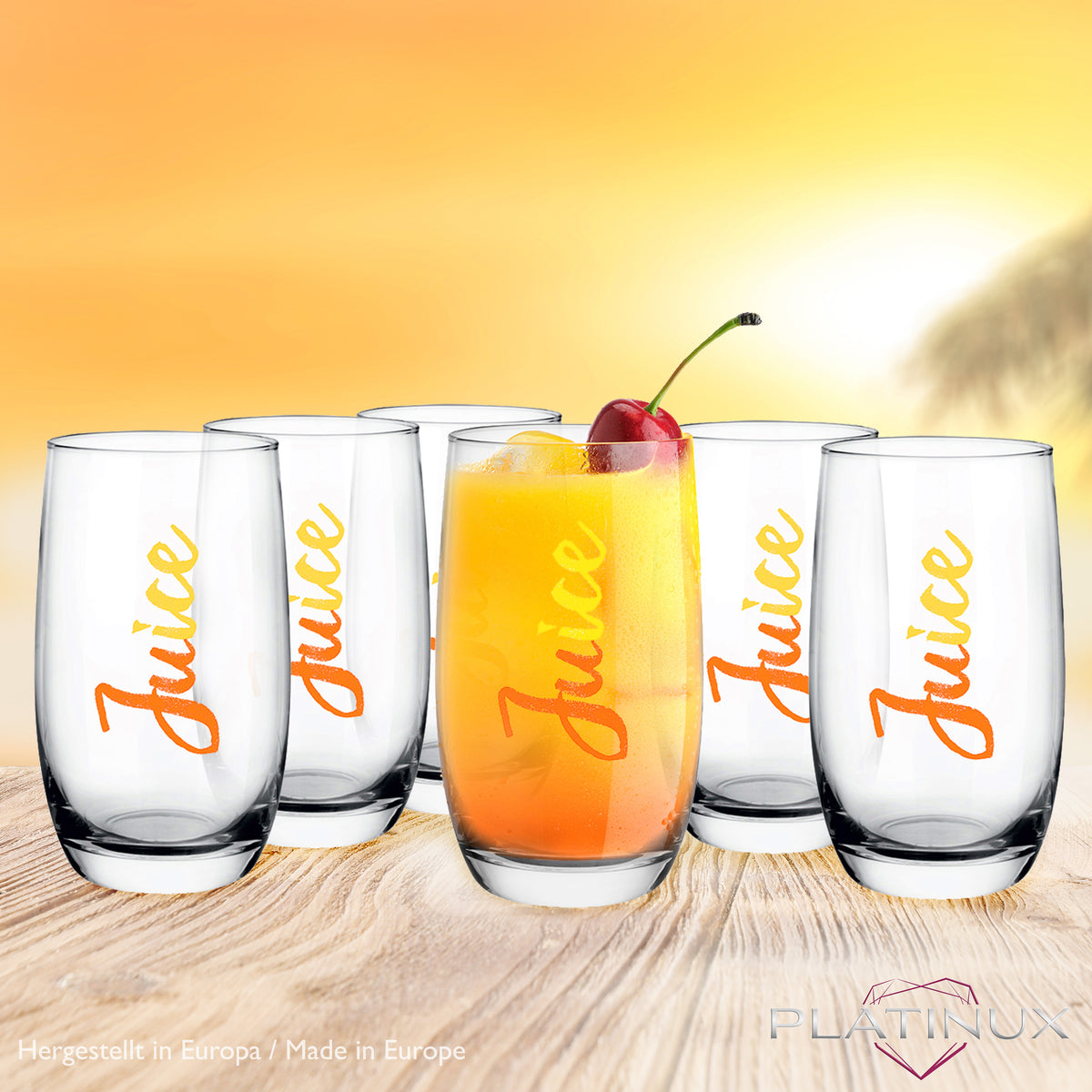 PLATINUX Eleganckie wysokie szklanki z nadrukiem soku 320ml (max. 380ml) Zestaw 6-częściowy szklany