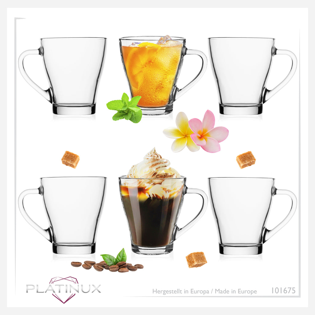 PLATINUX Szklanki do kawy, szklanki do herbaty z uchem, maks. 270 ml, zestaw 6 sztuk, szklane, do śniadania, szklanki do kawy, szklanki do picia