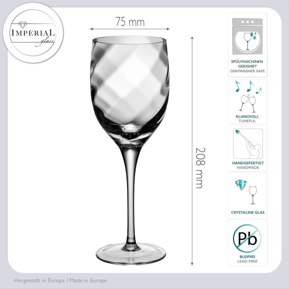IMPERIAL Weißweingläser 290ml Set mit 2 Weingläsern aus Crystalline Glas mit Rautenmusterung „Glamour“ handgefertigt