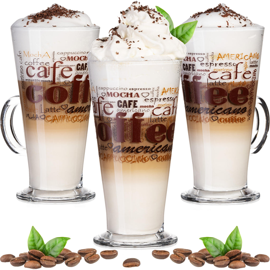 PLATINUX Szklanki do kawy z motywem, maks. 280 ml, 3-częściowy zestaw, szklane, do latte macchiato, z uchem, szklanki do cappuccino