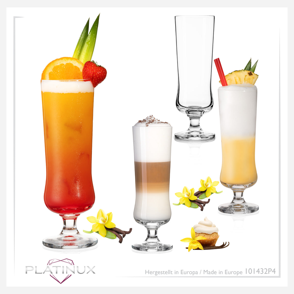 PLATINUX Eleganckie szklanki koktajlowe ze szkła krystalicznego 300 ml, zestaw 4-częściowy szklanki do long drinków, szklanki do mrożonej kawy