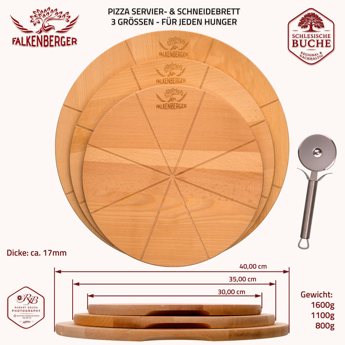 FALKENBERGER Pizzateller Pizzabrett M, massive Buche, 30 cm x 1,7 cm Handgefertigt