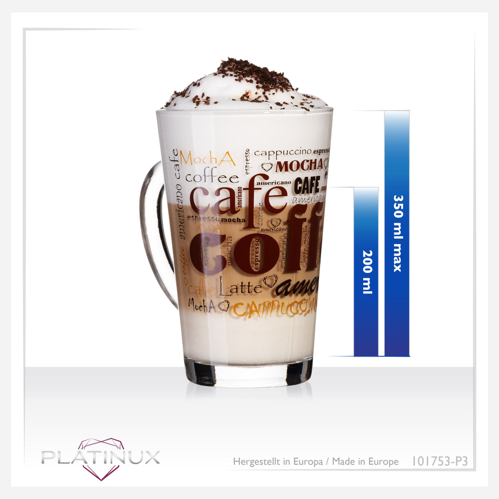 PLATINUM Szklanki do kawy z motywem maks. 350ml, zestaw 3-częściowy, szklanki ze szkła do Latte Macchiato z uchwytem, szklanki do Cappuccino