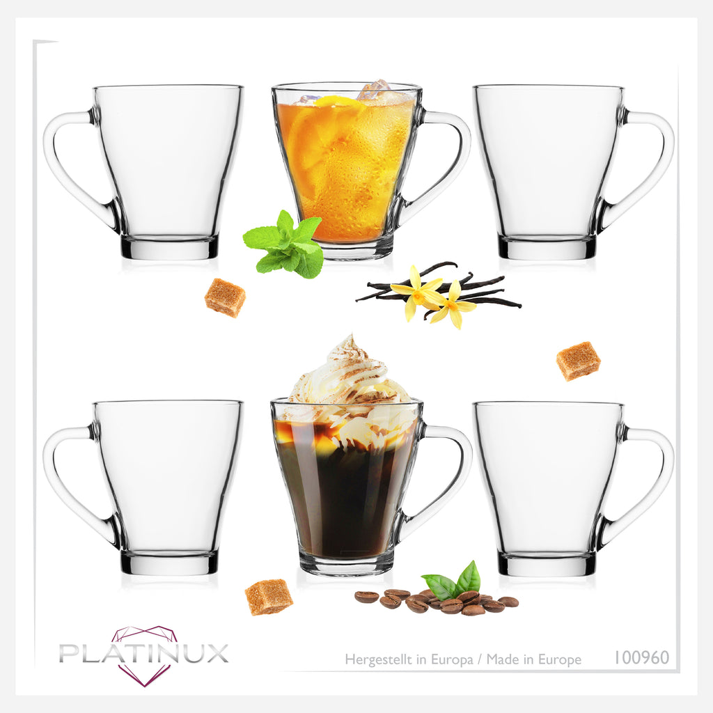 PLATINUX Szklanki do kawy z uchem Zestaw 6-częściowy 320ml (maks. 420ml) ze szkła Szklanka do herbaty