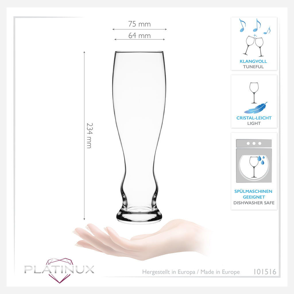PLATINUX Wysokie szklanki do piwa 500ml (maks. 600ml) Zestaw 6-częściowy Szklanki do piwa pszenicznego ze szkła 0,5L