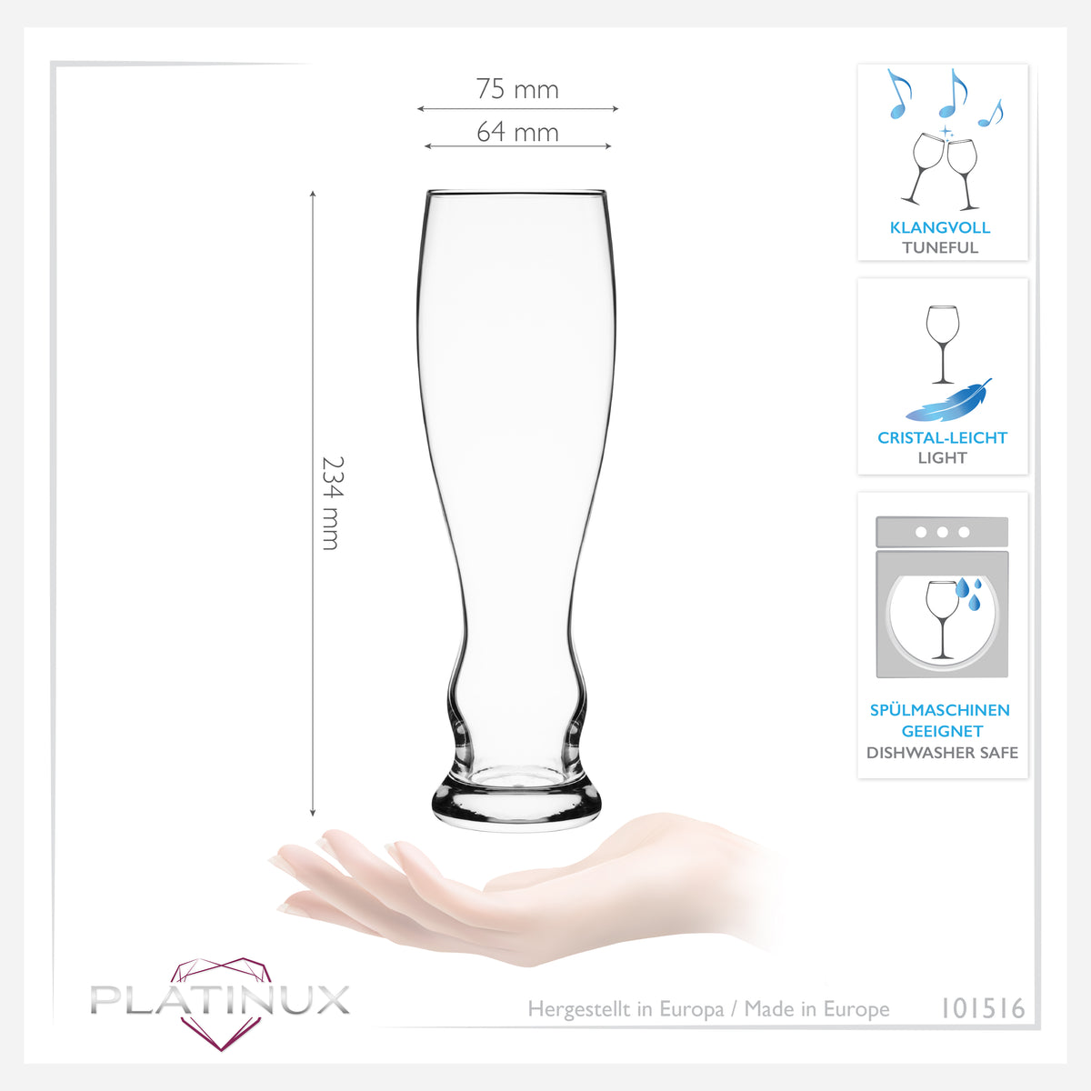 PLATINUX Wysokie szklanki do piwa 500ml (maks. 600ml) Zestaw 6-częściowy Szklanki do piwa pszenicznego ze szkła 0,5L
