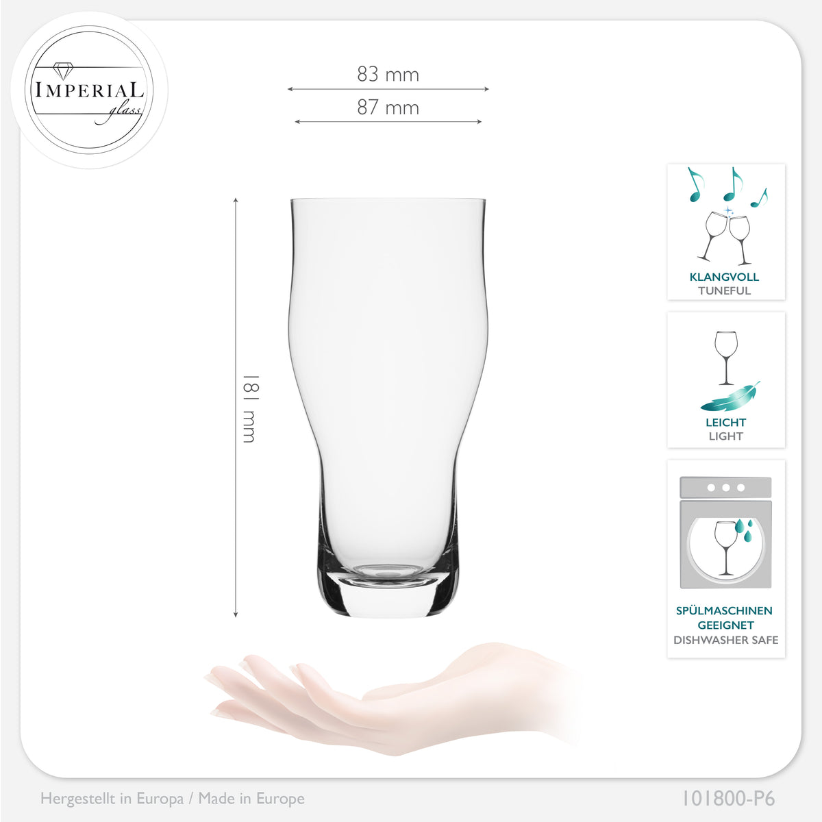 IMPERIAL glass Pint Biergläser Set 6 Stück 500ml (max. 690ml) aus Crystalline Glas 0,6L Spülmaschinenfest