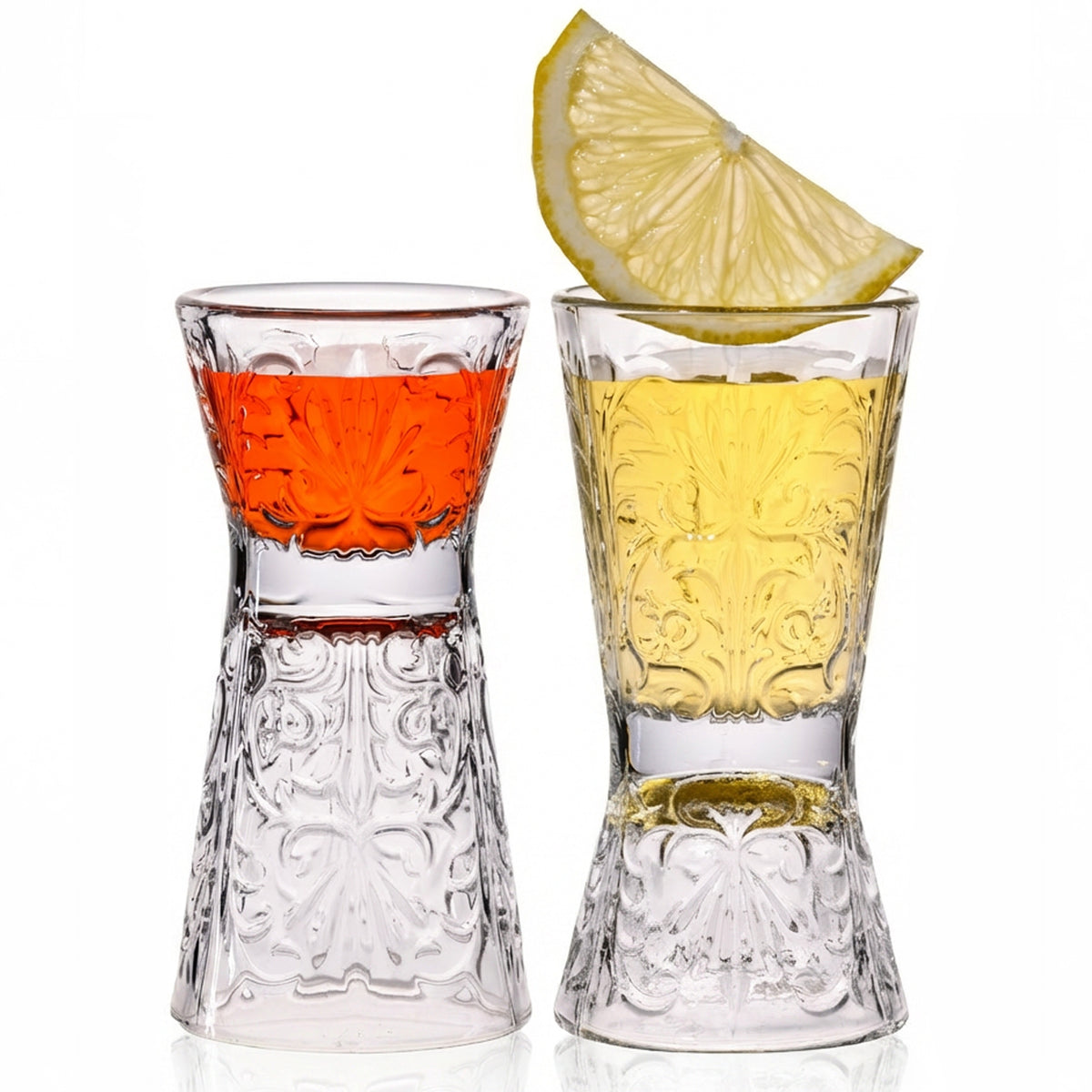 IMPERIAL glass Kufelki do shota 2 sztuki ze szkła krystalicznego - odwracalny kieliszek do shota 30ml/60ml, kieliszki do shota Tiki z reliefem, kieliszki do wódki można myć w zmywarce