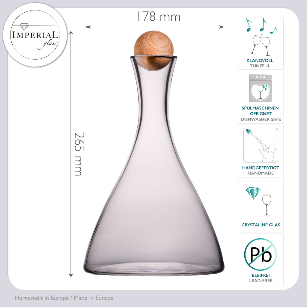 IMPERIAL szklany dekanter do wina z kryształowego szkła - 2 sztuki - ręcznie wykonana karafka do wina z drewnianym korkiem 1700 ml