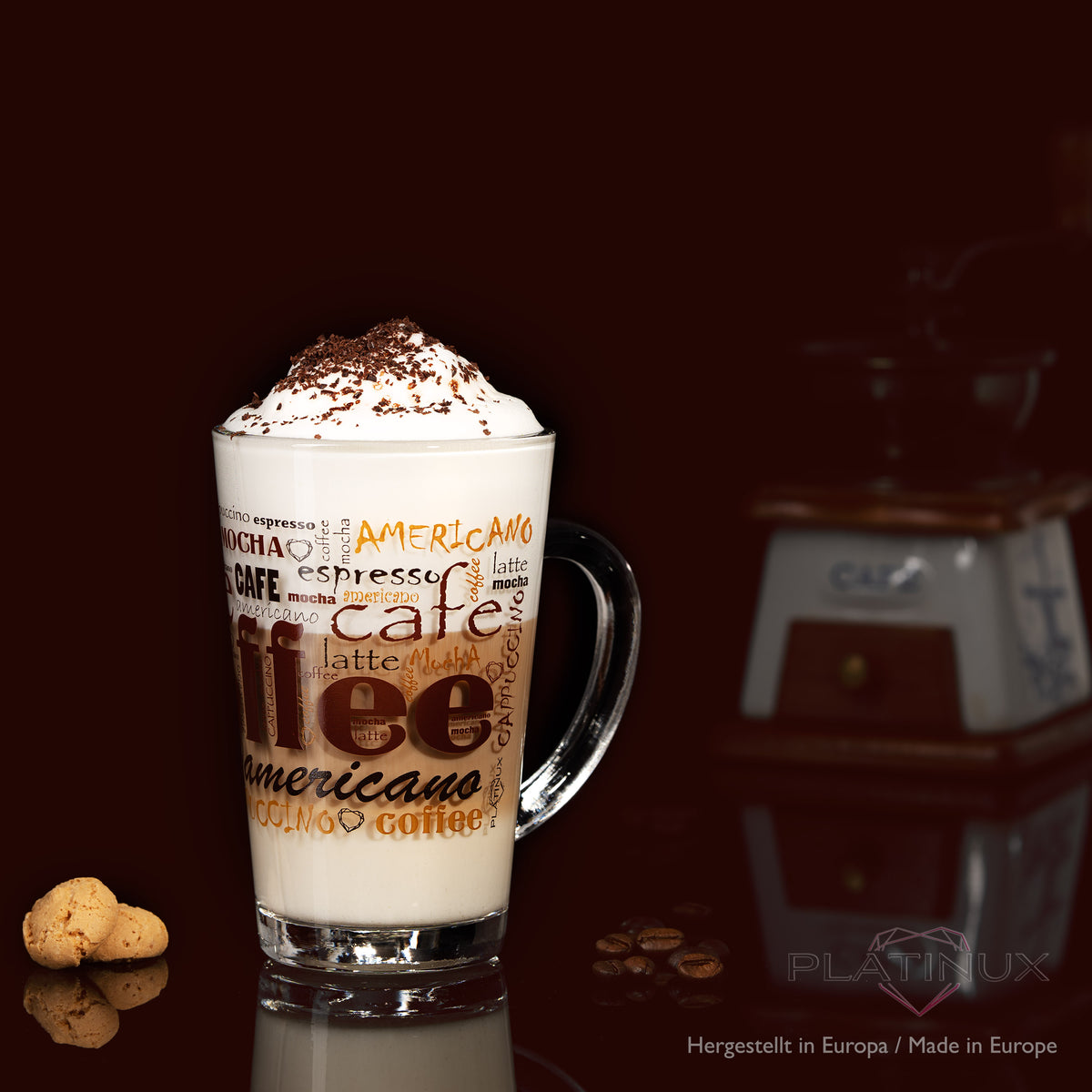 PLATINUX Szklanki do kawy z motywem maks. 350ml, zestaw 6 sztuk, ze szkła, szklanki do Latte Macchiato z uchem, szklanki do Cappuccino