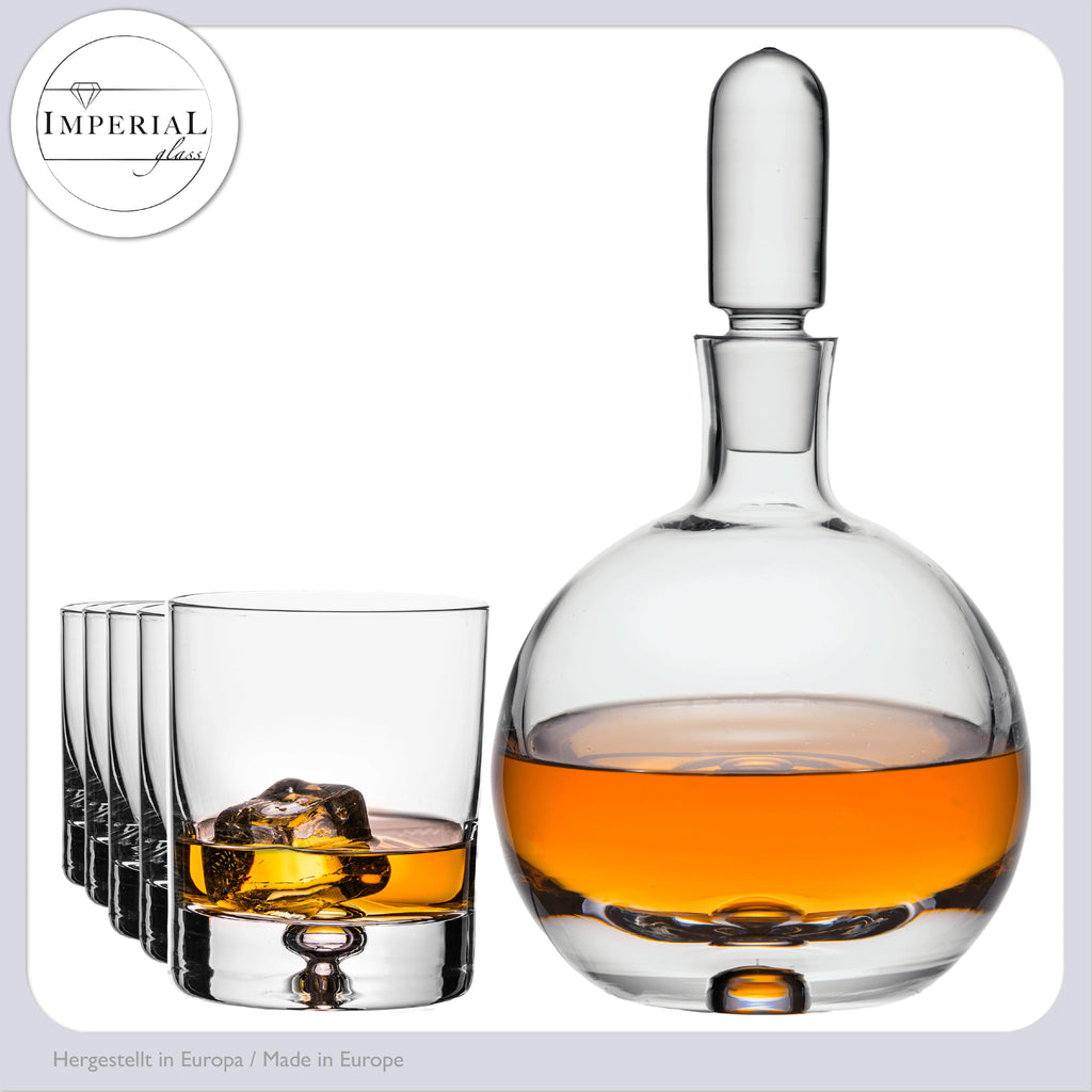 Karafka do whisky IMPERIAL ze szklanym korkiem i 6 szklankami do whisky. Ręcznie wykonany zestaw ze szkła krystalicznego z bąbelkami powietrza w dnie „Lizbona”