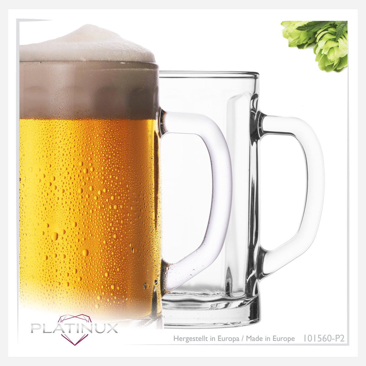 PLATINUX Zestaw 2 szklanek do piwa z uchwytem 300 ml (maks. 350 ml) Kufel szklany