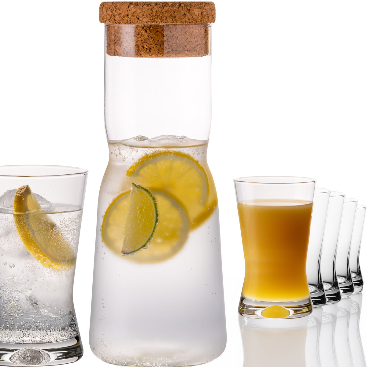 PLATINUX Karafka z korkiem i 6 szklankami w kształcie litery X, 1000 ml / 200 ml ze szkła krystalicznego „CrossLine”, można myć w zmywarce