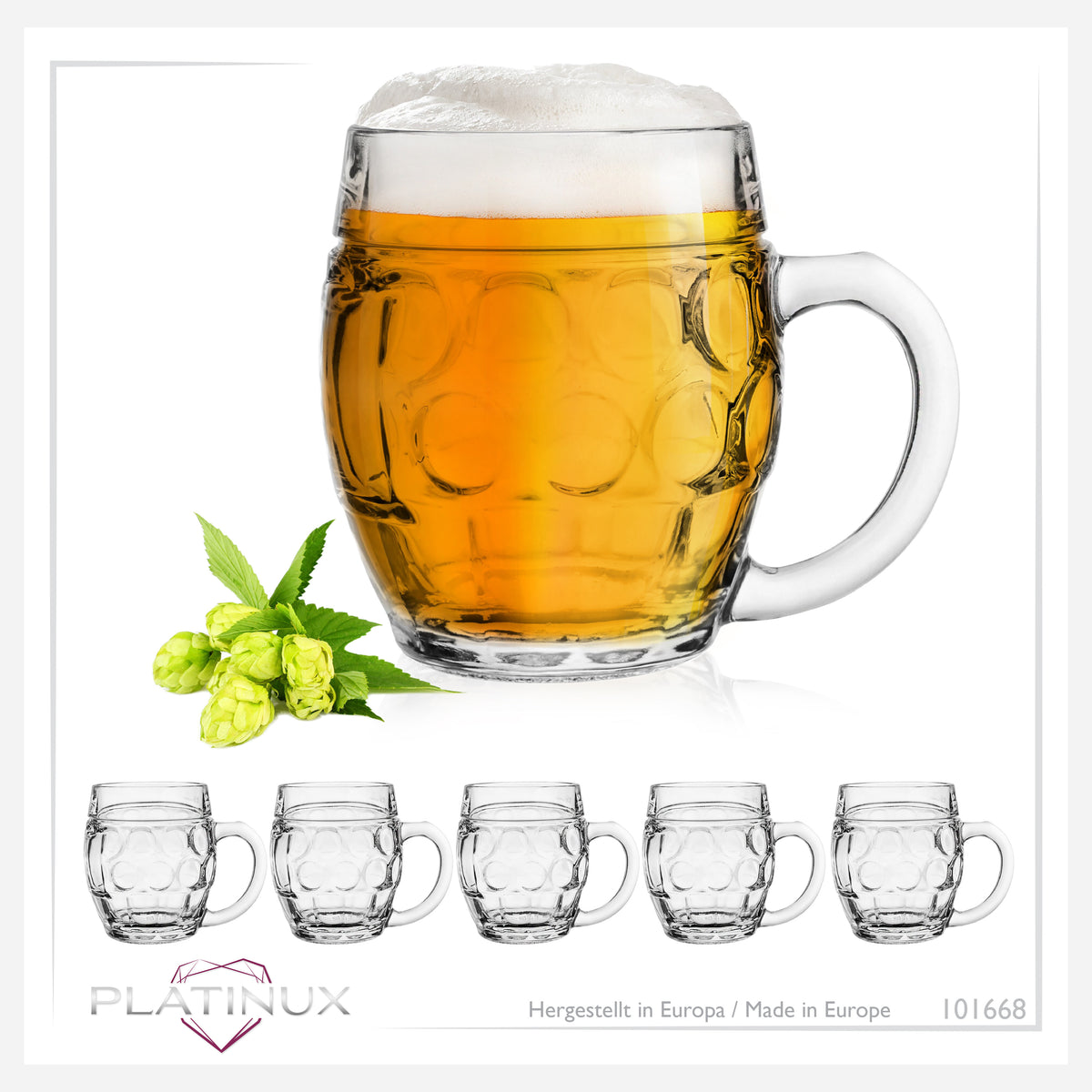 PLATINUX Szklanki do piwa z uchwytem 500ml (max.610ml) szklane, 6-częściowy zestaw, szklanka do piwa, kufel do piwa, kufel z miarką