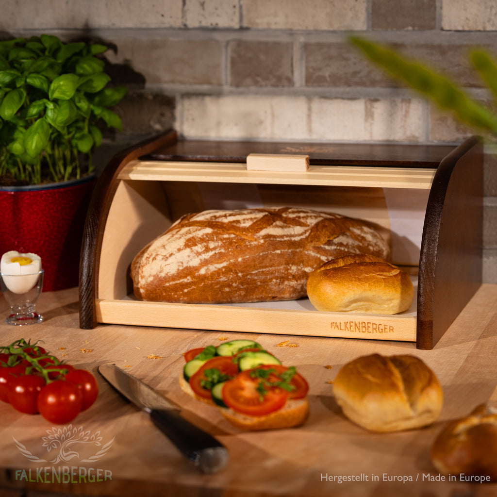 FALKENBERGER Chlebak drewniany brązowy ok. 39x29x18cm Pojemnik na pieczywo z rolowaną pokrywą, ręcznie wykonany