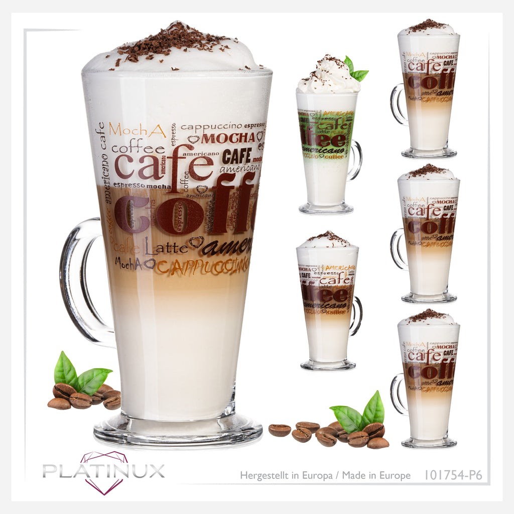 PLATINUM Szklanki do kawy z motywem maks. 280ml zestaw 6 sztuk szklanych szklanek do Latte Macchiato z uchwytem szklanki do Cappuccino