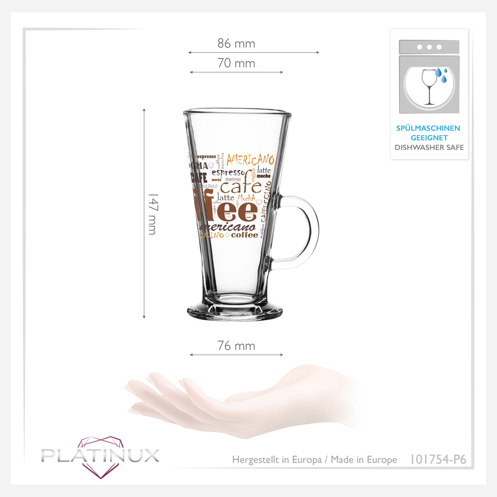 PLATINUM Szklanki do kawy z motywem maks. 280ml zestaw 6 sztuk szklanych szklanek do Latte Macchiato z uchwytem szklanki do Cappuccino