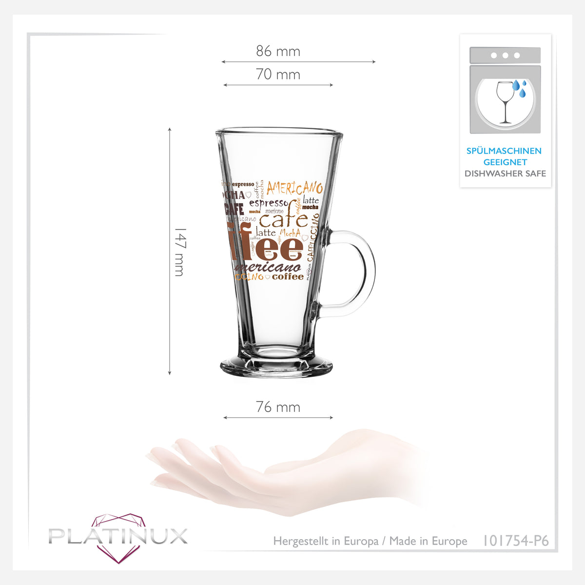 PLATINUM Szklanki do kawy z motywem maks. 280ml zestaw 6 sztuk szklanych szklanek do Latte Macchiato z uchwytem szklanki do Cappuccino