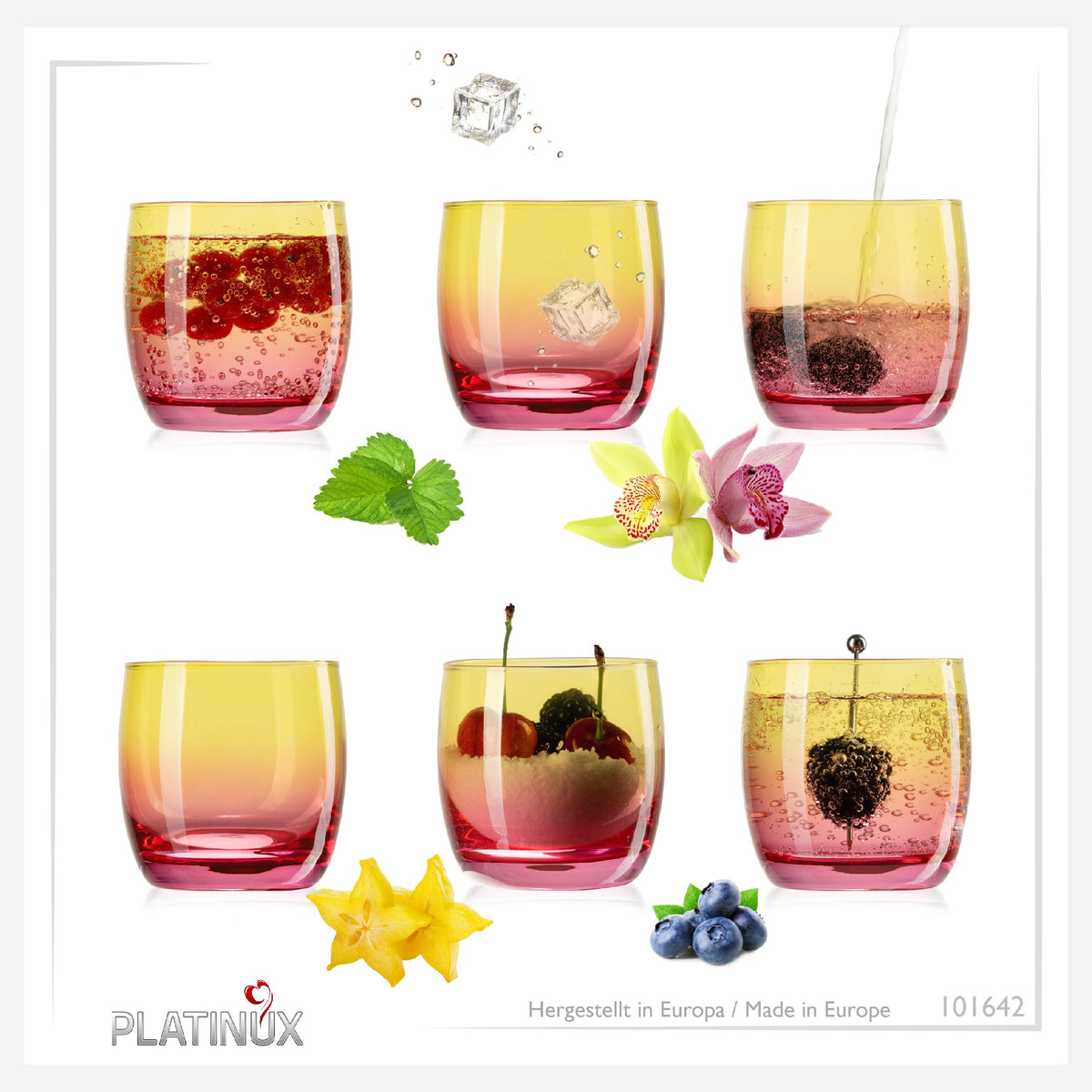 PLATINUX Szklanki Żółto-Różowe, szklane, kolorowe, zestaw 6 sztuk, 200 ml (maks. 320 ml), szklanki na wodę