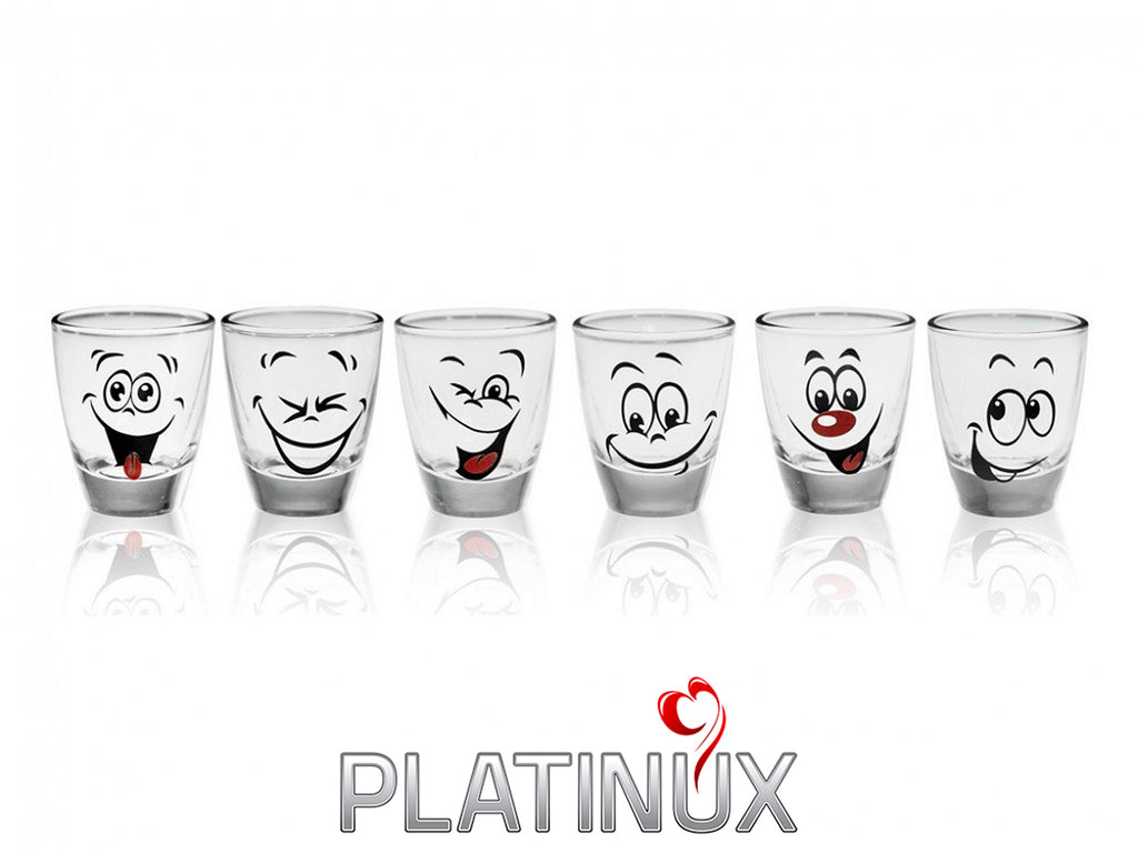 PLATINUX Kieliszki Shot z zabawnymi buźkami Zestaw 6 sztuk 2,5cl Kieliszki karnawałowe Kieliszki do wódki Szklane kieliszki