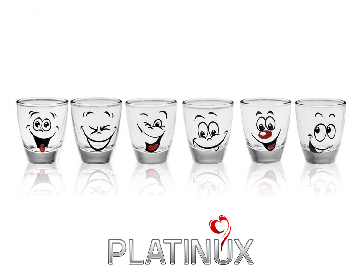 PLATINUX Kieliszki Shot z zabawnymi buźkami Zestaw 6 sztuk 2,5cl Kieliszki karnawałowe Kieliszki do wódki Szklane kieliszki