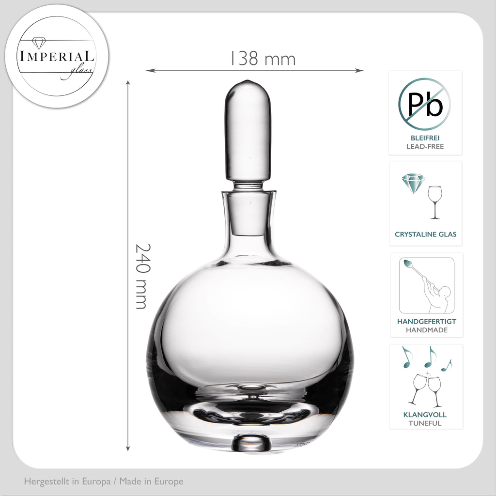 IMPERIAL Karafka na likier z kryształowego szkła 600 ml, kulista karafka na alkohol ze szklanym korkiem i pęcherzykiem powietrza w dnie, ręcznie wykonana „Lizbona”