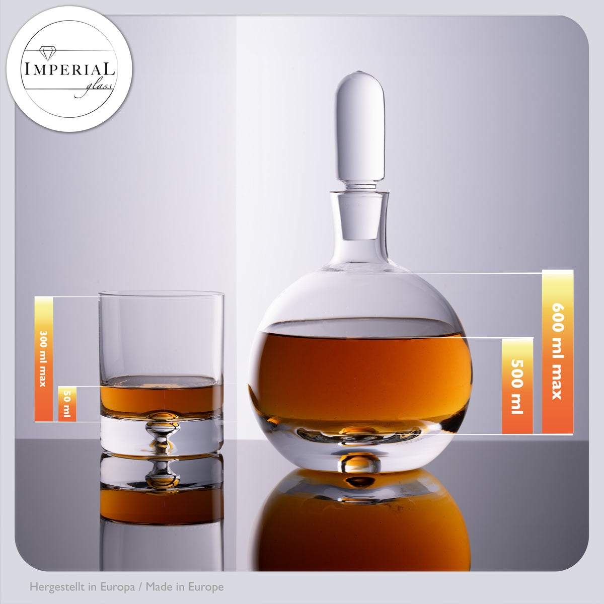 Karafka do whisky IMPERIAL ze szklanym korkiem i 6 szklankami do whisky. Ręcznie wykonany zestaw ze szkła krystalicznego z bąbelkami powietrza w dnie „Lizbona”