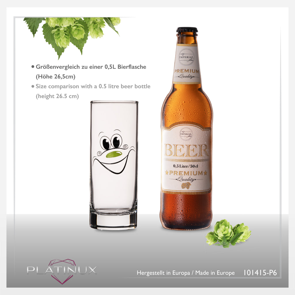 PLATINUX Szklanki do Kölscha szklane 300ml (max. 335ml) Zestaw 6-częściowy z zabawnymi buźkami Szklanki do piwa