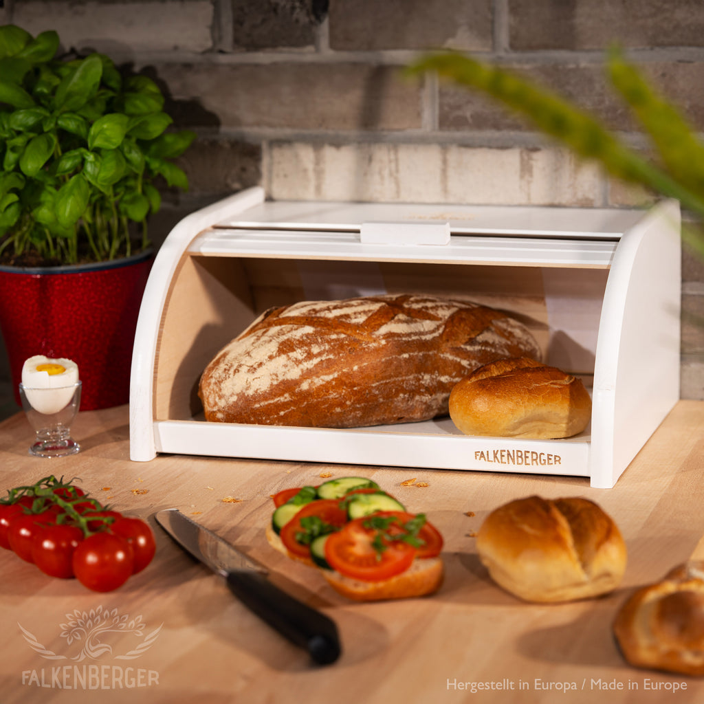 FALKENBERGER Chlebak drewniany Buk Biel ok. 39x29x18cm Pojemnik na chleb z rolowaną pokrywą Handmade